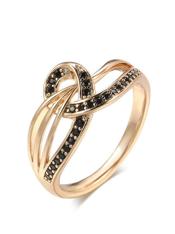Luxury Geometric Line Cross Rolled 14K Rose Gold With Black AAA Zircon Crystals Ring - Fashion Vintage Jewellery